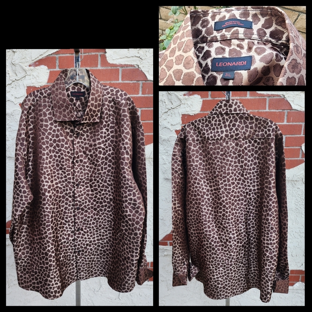 3XL TALL men Leonardi Brown Animal Print Dress Shirt